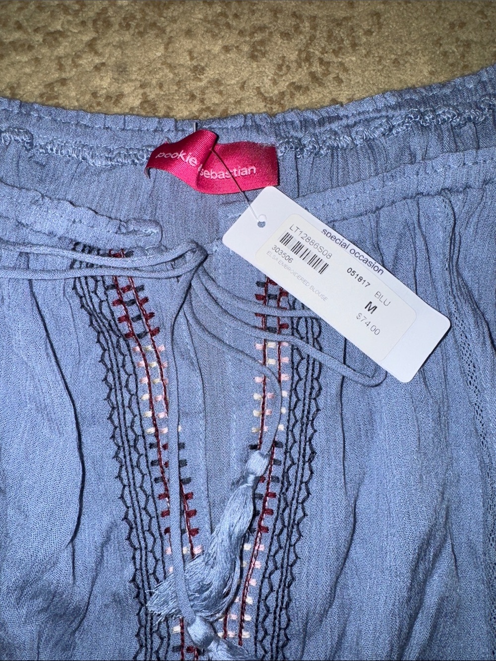 NWT Light Blue Pookie & Sebastian Off-Shoulder Peasant Top - Picture 3 of 5